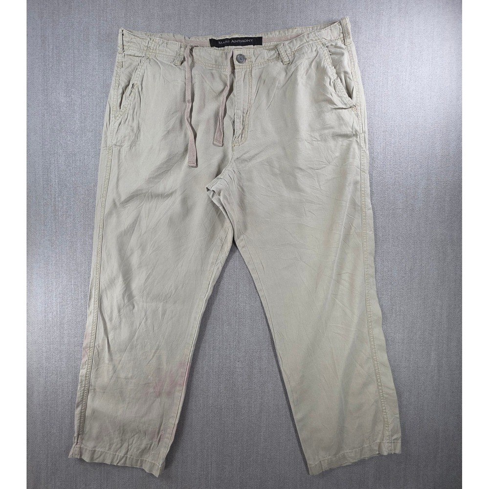 Marc Anthony Linen Blend Pants Men 40x30 Tan Khaki Drawstring Straight Leg